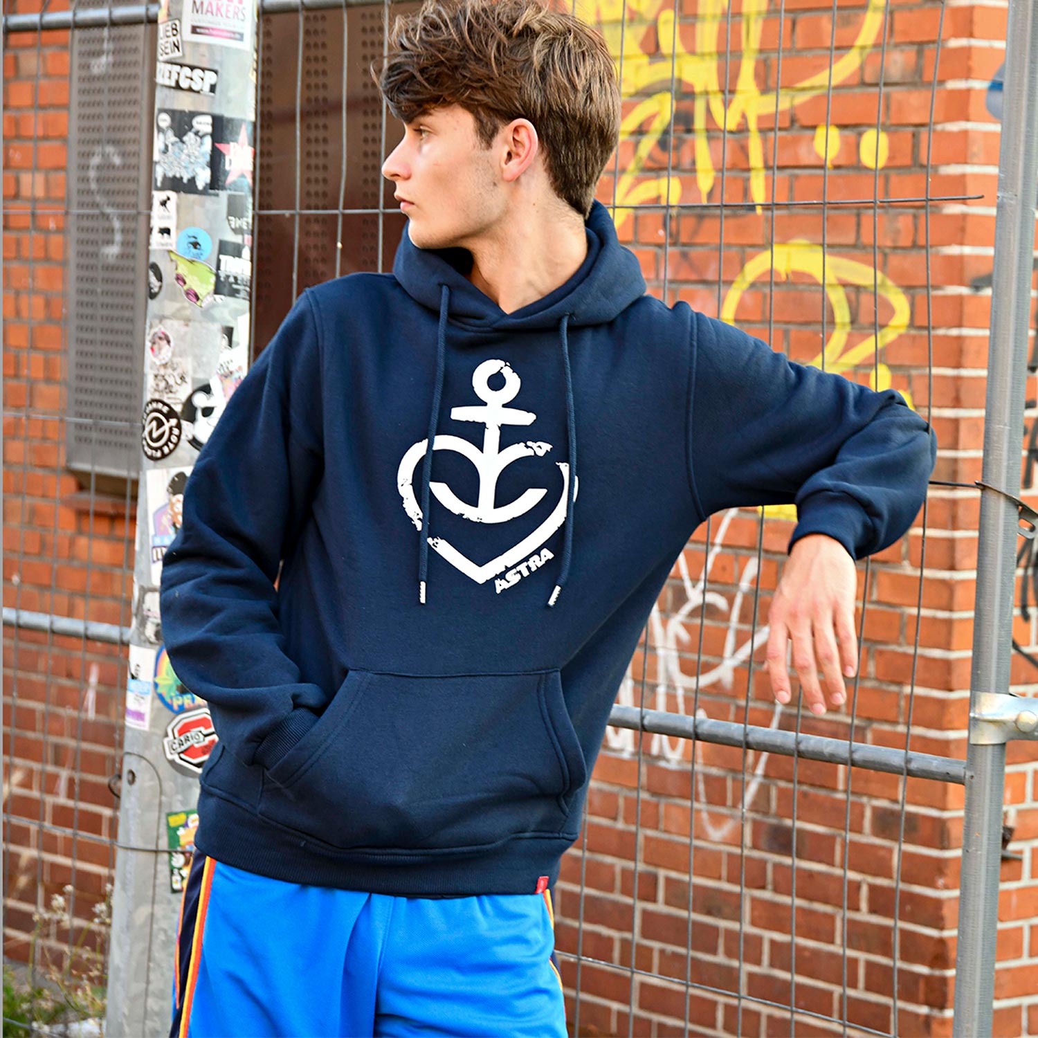 Hooded Sweater „Herzanker“ (Weiss) Unisex, Navy-Blau